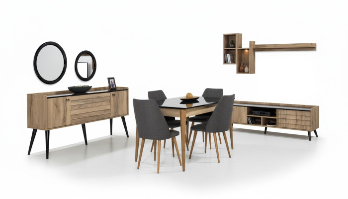 Zwart-bruine eetkamerset Eettafel 4x stoelen Dressoir Spiegel 8-delig