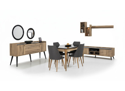Zwart-bruine eetkamerset Eettafel 4x stoelen Dressoir Spiegel 8-delig