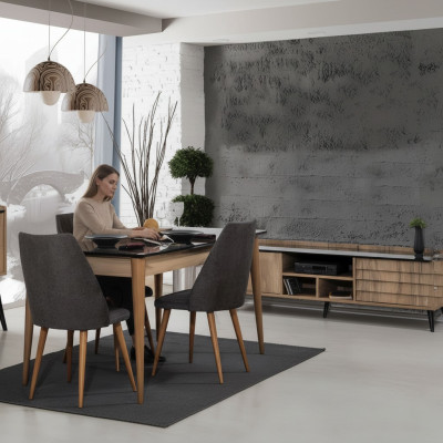 Eetkamergroep Ontwerper Bruine Eettafel 4x Zwarte Gestoffeerde Stoelen