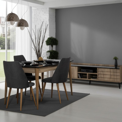 Eetkamergroep Ontwerper Bruine Eettafel 4x Zwarte Gestoffeerde Stoelen