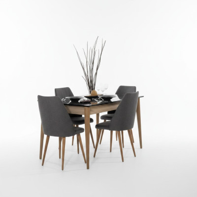Eetkamergroep Ontwerper Bruine Eettafel 4x Zwarte Gestoffeerde Stoelen