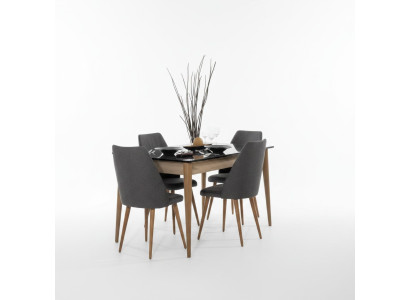 Eetkamergroep Ontwerper Bruine Eettafel 4x Zwarte Gestoffeerde Stoelen