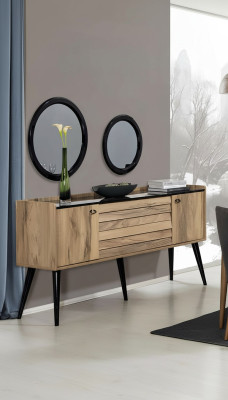 Ontwerper eetkamer meubelset lichtbruin hout dressoir glas spiegel