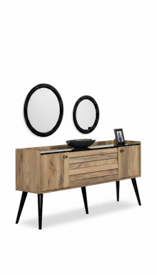 Ontwerper eetkamer meubelset lichtbruin hout dressoir glas spiegel