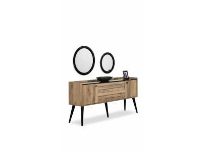 Ontwerper eetkamer meubelset lichtbruin hout dressoir glas spiegel