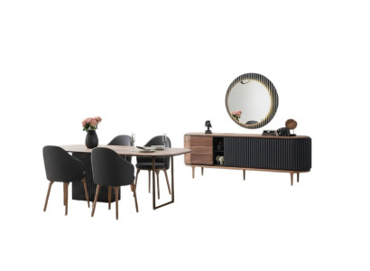 Grote eetkamerset, ontwerpeettafel, 4 gestoffeerde stoelen, dressoir