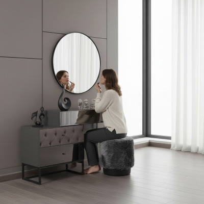 Ontwerper Grijze kaptafel met ronde spiegel en gestoffeerde kruk Luxe 3-delige set