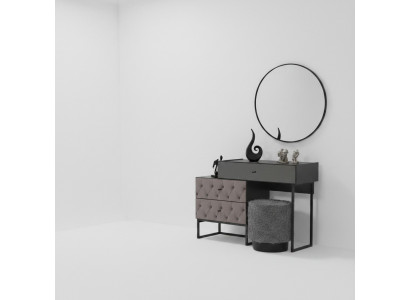 Ontwerper Grijze kaptafel met ronde spiegel en gestoffeerde kruk Luxe 3-delige set