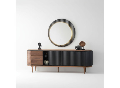 Stijlvolle set Ontwerper Bruine dressoir Ronde spiegel 2-dlg Hout Set
