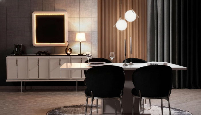 Eetkamer set Moderne set Eettafel 4x gestoffeerde stoelen Dressoir 7-delig