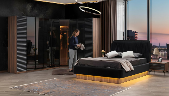 Bruin-zwart slaapkamer set Compleet bed 2x nachtkastjes