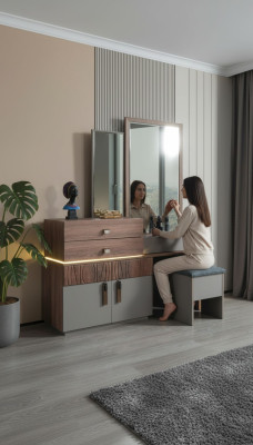 Bruin-grijze slaapkamermeubels luxe commode met spiegel gestoffeerde kruk
