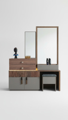 Bruin-grijze slaapkamermeubels luxe commode met spiegel gestoffeerde kruk