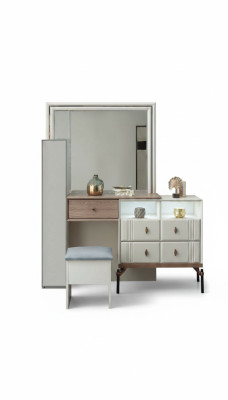 Witte kaptafel van glas met spiegel, luxueuze poef, moderne meubels.