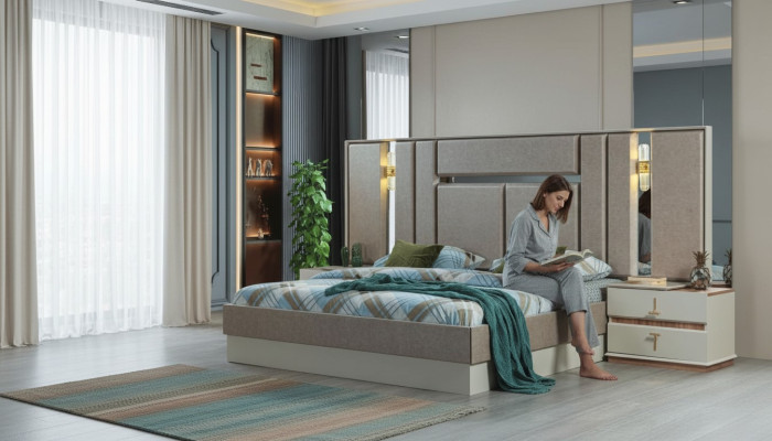 Beige slaapkamermeubels Luxe bedden Designer nachtkastjes Inrichting