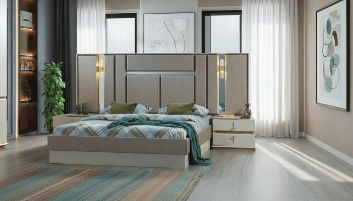 Beige slaapkamermeubels Luxe bedden Designer nachtkastjes Inrichting