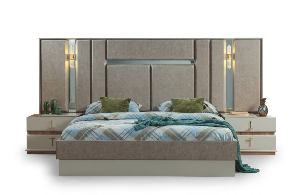 Beige slaapkamermeubels Luxe bedden Designer nachtkastjes Inrichting