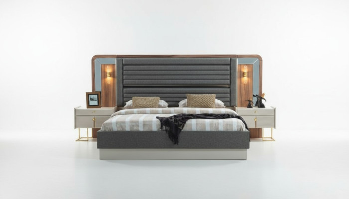 Grijze bedden Ontwerp Slaapkamer Tweepersoonsbed 2x houten nachtkastjes 3-delig.