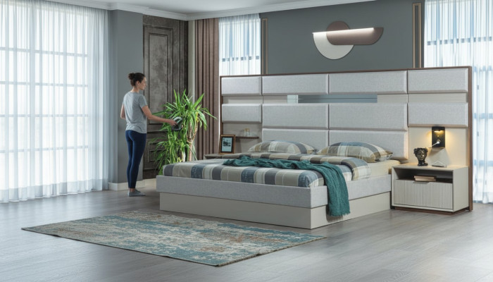 Witte slaapkamer meubels ontwerper tweepersoonsbed luxe 2x houten nachtkastjes