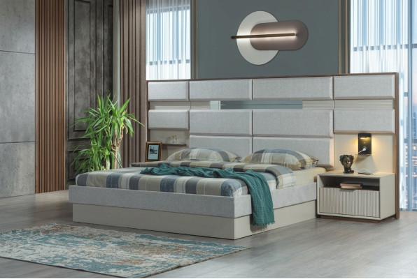 Witte slaapkamer meubels ontwerper tweepersoonsbed luxe 2x houten nachtkastjes