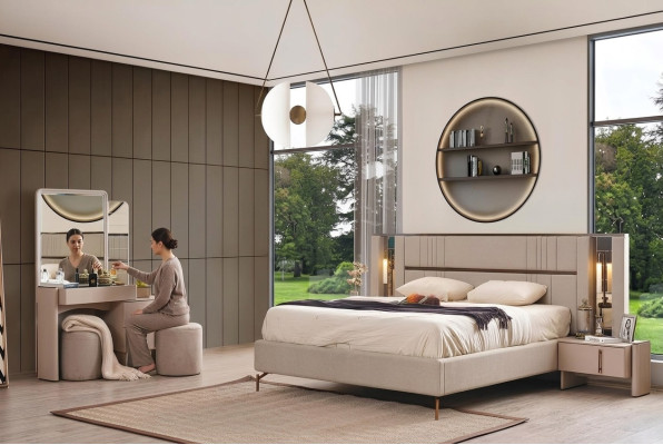 Moderne slaapkamermeubels Beige tweepersoonsbed 2x nachtkastjes Kaptafel