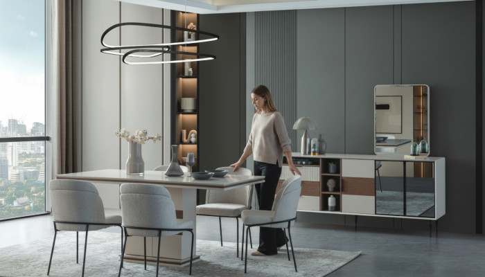 Witte eetkamerset Rechthoekige eettafel 4x stoelen dressoir Luxe spiegel