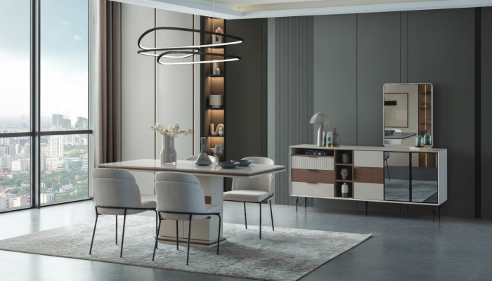 Witte eetkamerset Rechthoekige eettafel 4x stoelen dressoir Luxe spiegel