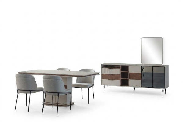 Witte eetkamerset Rechthoekige eettafel 4x stoelen dressoir Luxe spiegel