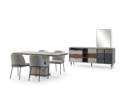 Witte eetkamerset Rechthoekige eettafel 4x stoelen dressoir Luxe spiegel