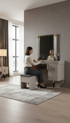 Moderne slaapkamer houten meubels kaptafel kruk spiegel set