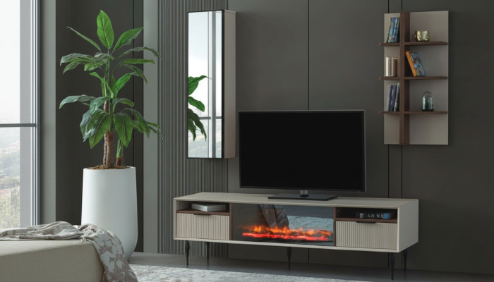Beige woonkamermeubel Ontwerper TV-kast Wandplank Luxe Houten rek 3-delig set
