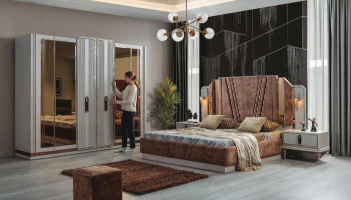 Exclusieve slaapkamerset, tweepersoonsbed, 2 nachtkastjes, kledingkast.
