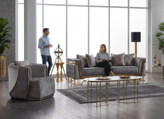 Grijze bankstel 3+1 zits met roestvrijstalen bank sofa bekledingsset 2-delig