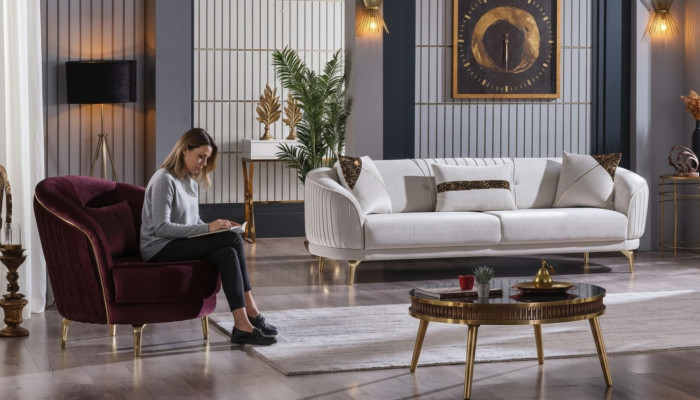 Bankstel van roestvrijstalen poten Driezitsbank + Fauteuil Moderne woonkamerbank