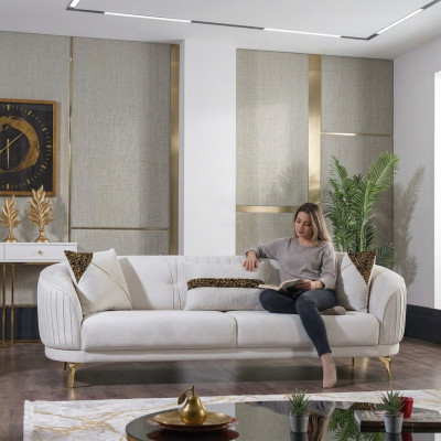 Witte roestvrijstalen driezits woonkamer meubilair gestoffeerde banken luxe meubels sofa fluweel