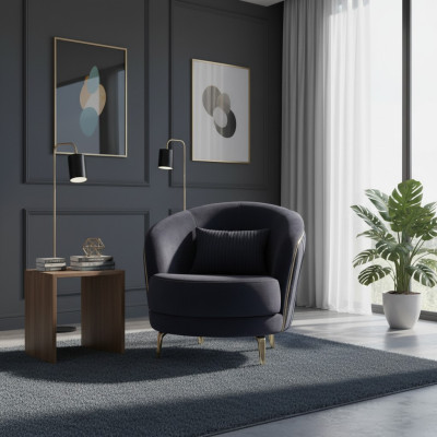 Moderne fauteuil met luxe roestvrijstalen poten voor de woonkamer, zithoek van hout en gestoffeerd meubilair.