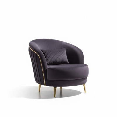 Moderne fauteuil met luxe roestvrijstalen poten voor de woonkamer, zithoek van hout en gestoffeerd meubilair.