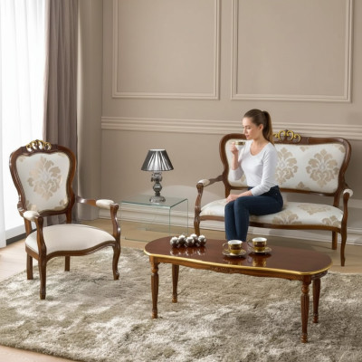 Klassieke zitkamer set Tweepersoons fauteuil Salontafel Designer houten meubels