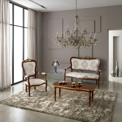 Klassieke zitkamer set Tweepersoons fauteuil Salontafel Designer houten meubels