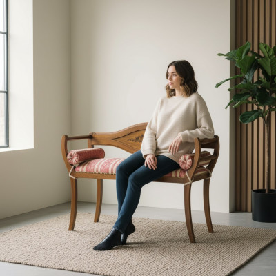 Elegante met de hand gemaakte zitbank met decoratieve rugleuning.