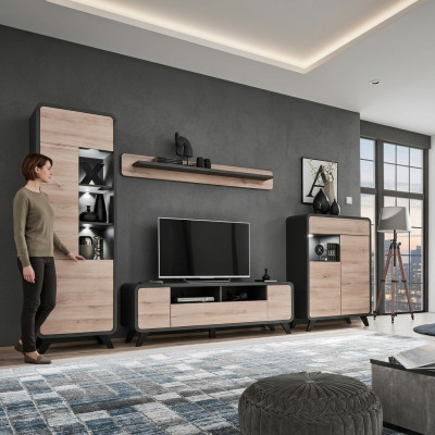 Woonkamerset wandplank tv-standaard houten meubels 2x vitrine woonwand nieuw  Woonkamer set wandplank tv-standaard houten meubels 2x vitrine woonwand nieuw