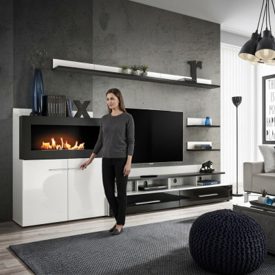 Wandmeubel TV-standaard met ingebouwde open haard, designermeubels, modern.