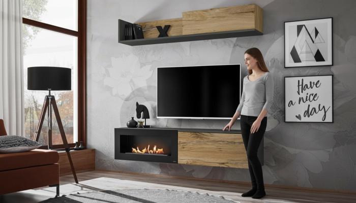 Wandmeubel tv-meubel woonkamer boekenplank TV-standaard met open haard Modern hout Bruin