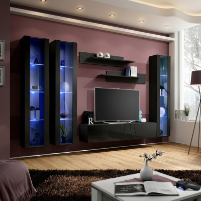 Zwart woonwand hangende vitrine set 6-delig woonkamerset modern houten meubels