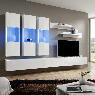 Woonkamer RTV hangende vitrine woonwand houten design wit modern nieuw set 7-delig.