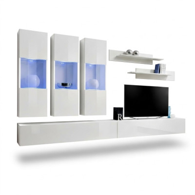 Woonkamer RTV hangende vitrine woonwand houten design wit modern nieuw set 7-delig.