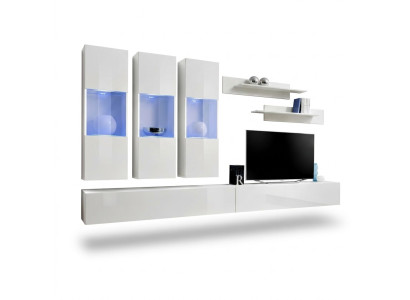 Woonkamer RTV hangende vitrine woonwand houten design wit modern nieuw set 7-delig.
