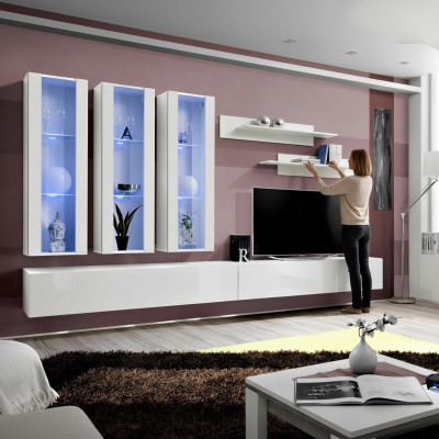 Wit woonwand ontwerper hangende vitrine TV-standaard dressoir hout modern.