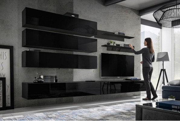 Ontwerp wandkast woonkamer houten inrichting muurrekken nieuw