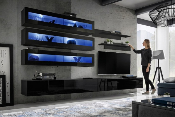 Woonkamerontwerp wandplank tv-standaard wandkast woonkamer hout inrichting nieuw.